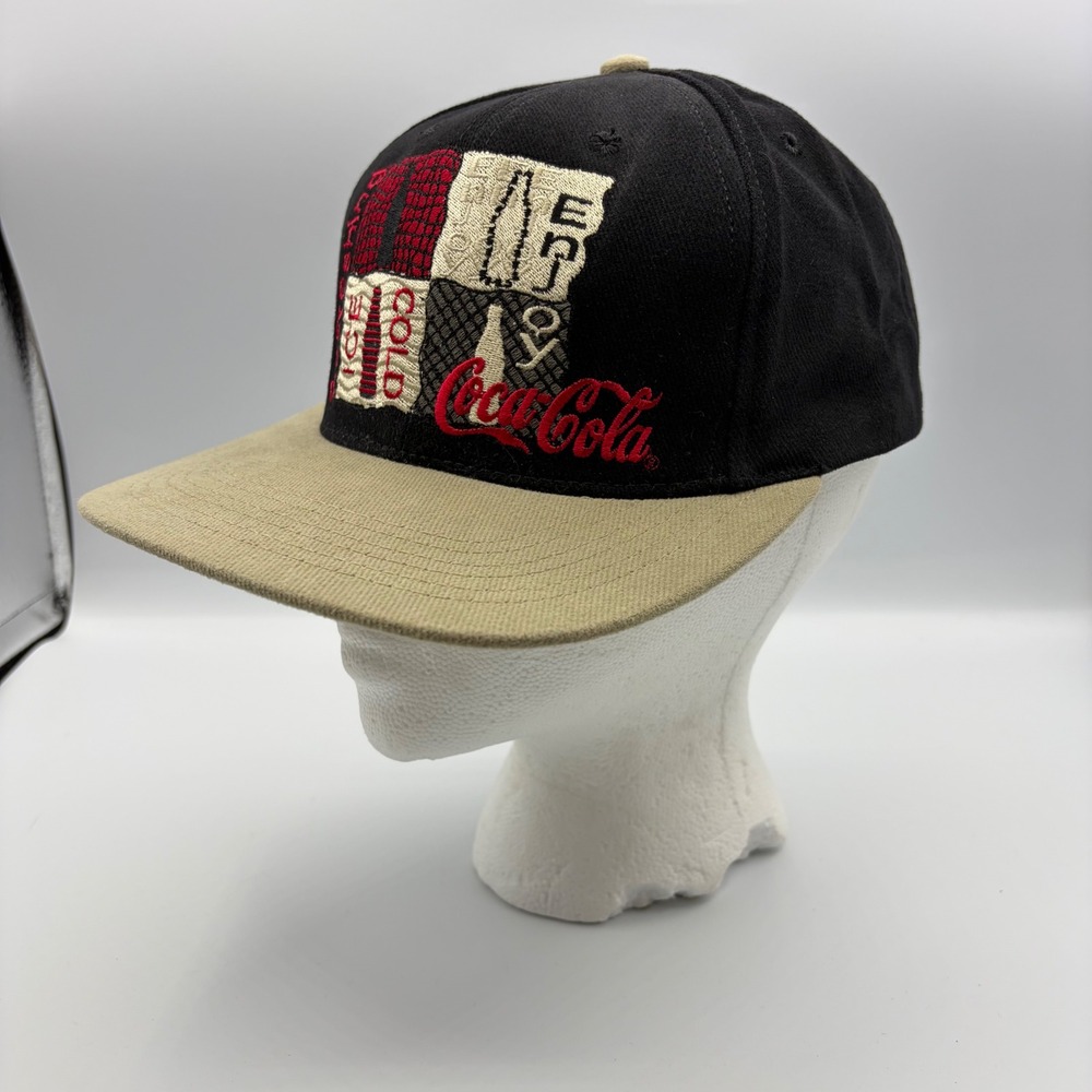 Vintage Coca-Cola Hat American Needle Black Tan Strapback Made in USA Coke Cap